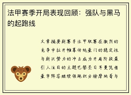 法甲赛季开局表现回顾：强队与黑马的起跑线