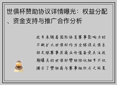 世俱杯赞助协议详情曝光：权益分配、资金支持与推广合作分析