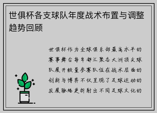 世俱杯各支球队年度战术布置与调整趋势回顾